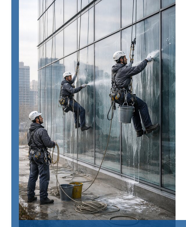 Промышленная мойка панорамных окон на высоте в Севастополе