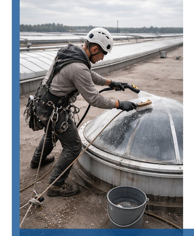 Мойка зенитных фонарей на кровле для промышленных объектов в Севастополе