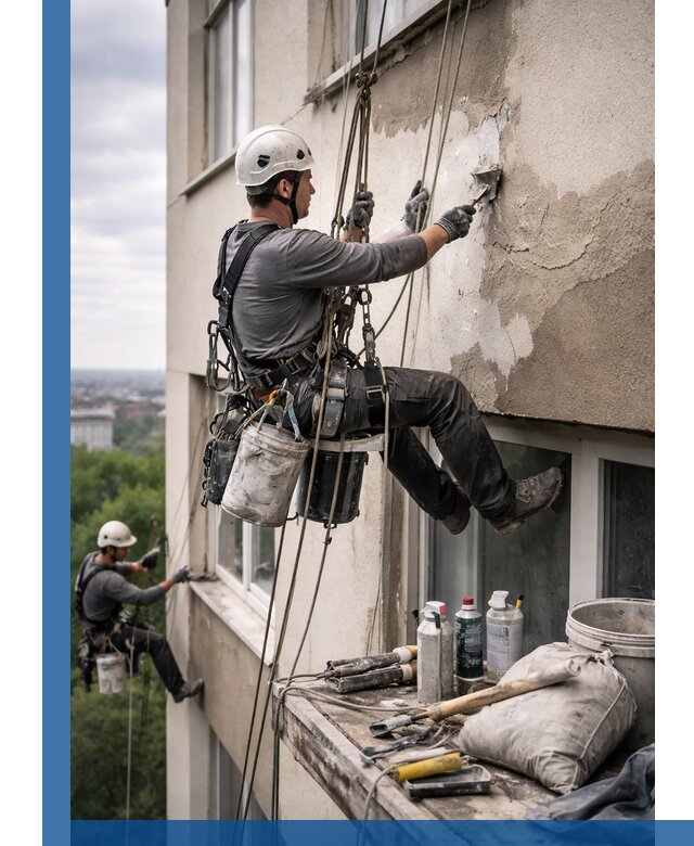 Косметический ремонт фасада зданий в Севастополе промышленными альпинистами