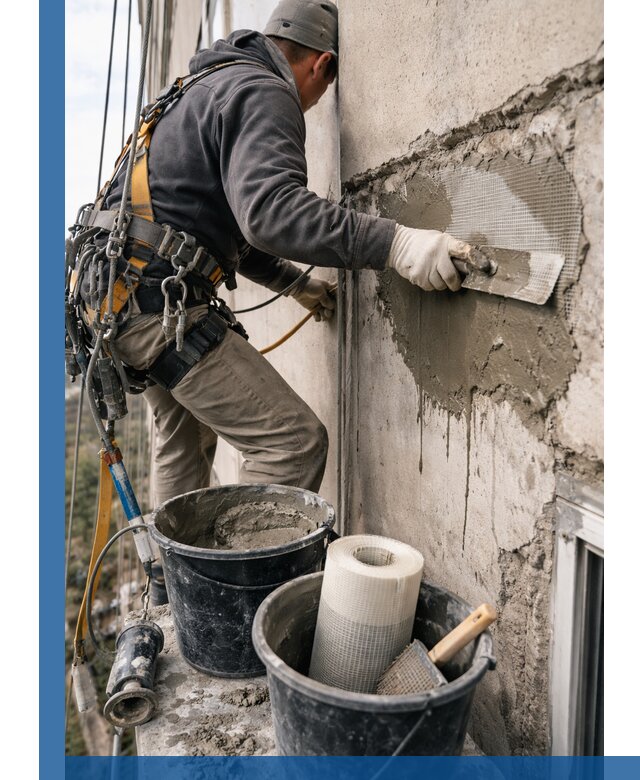 Ремонт бетонных элементов фасада промышленными альпинистами в Севастополе