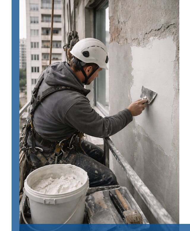 Шпаклевка фасадов на высоте с промальпинистами в Севастополе