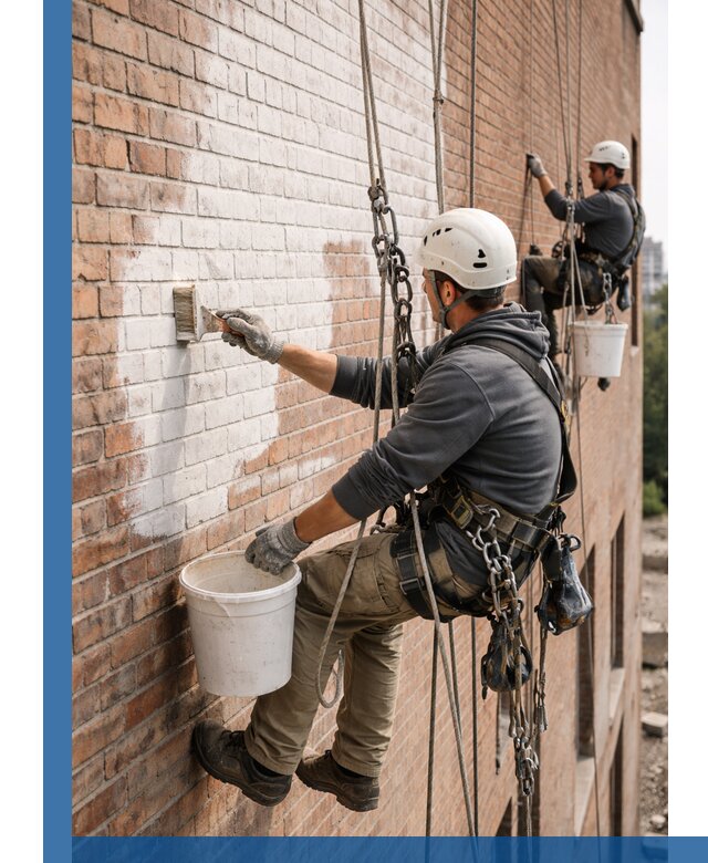 Покраска кирпичного фасада с доступным альпинистским сервисом в Севастополе