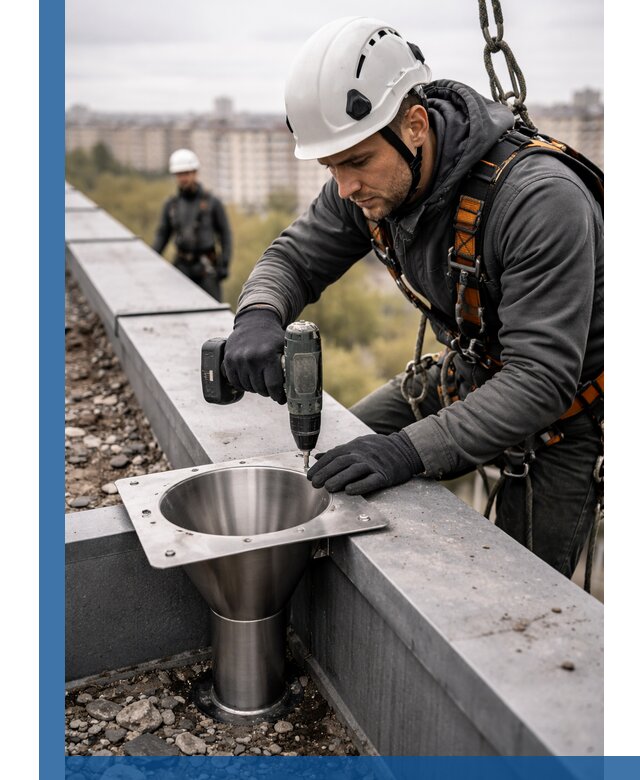 Монтаж водосточных воронок в Севастополе для промышленных зданий