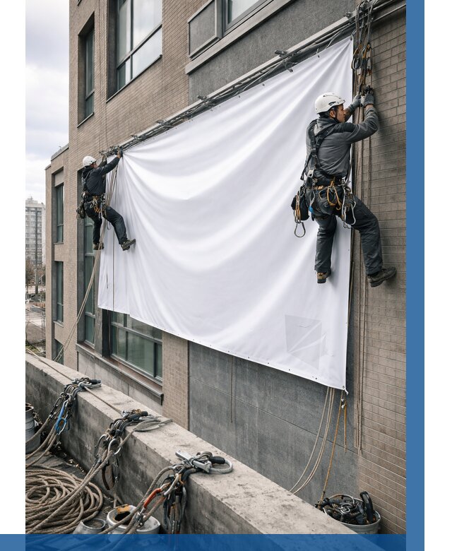 Монтаж баннеров на фасаде в Севастополе от 671 р. заказать ВЫСОТНИК-Сев