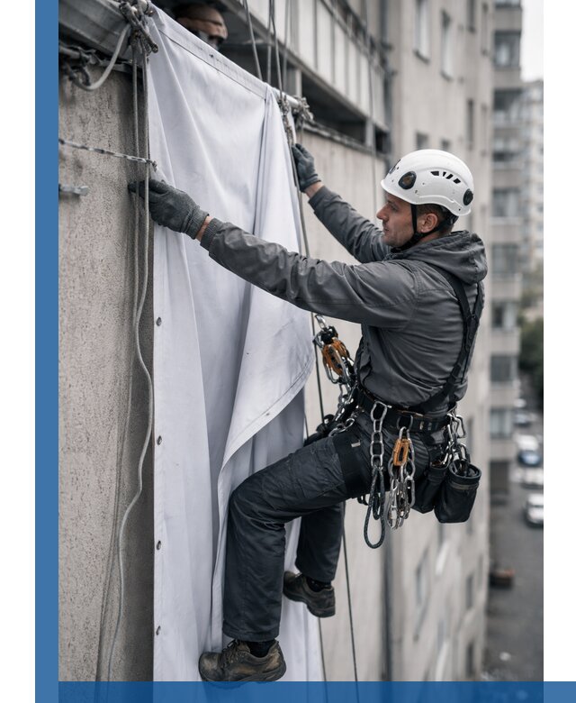 Замена баннерного полотна промышленными альпинистами в Севастополе