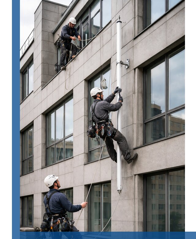Монтаж флагштока на фасаде здания с креплением и герметикой в Севастополе