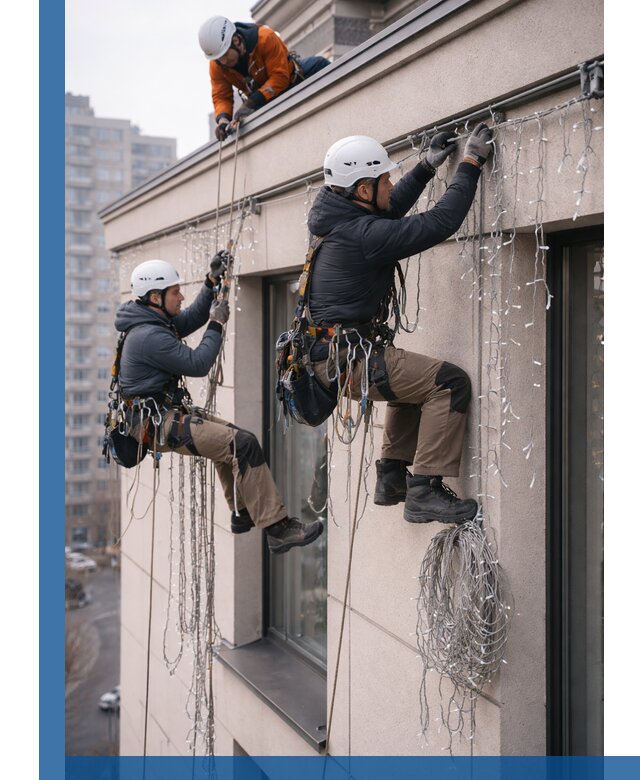 Монтаж праздничных гирлянд на фасаде в Севастополе для зданий