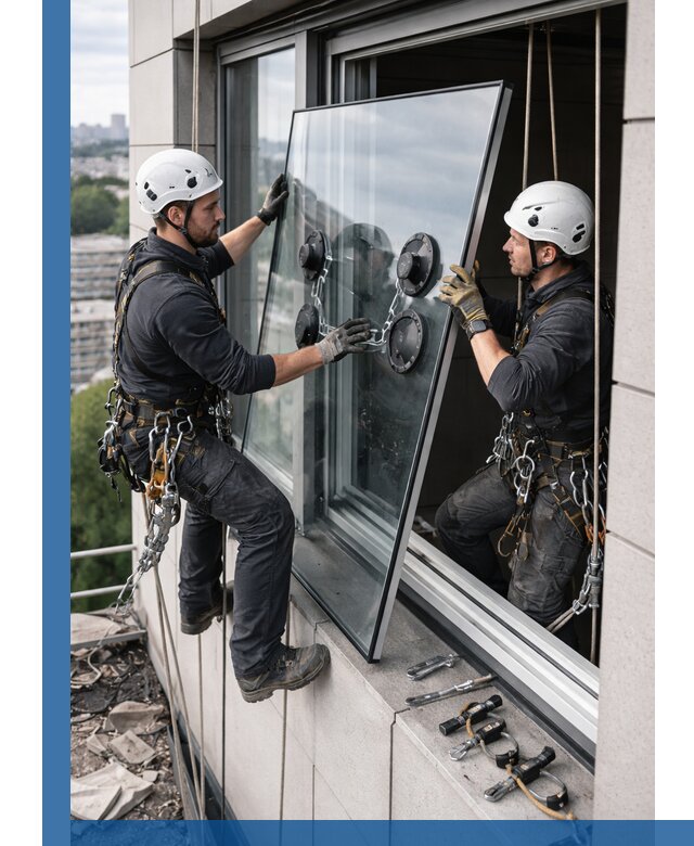 Замена стеклопакетов на высоте с промышленными альпинистами в Севастополе