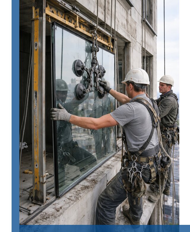 Монтаж стеклопакетов на высоте в Севастополе с промышленным альпинизмом