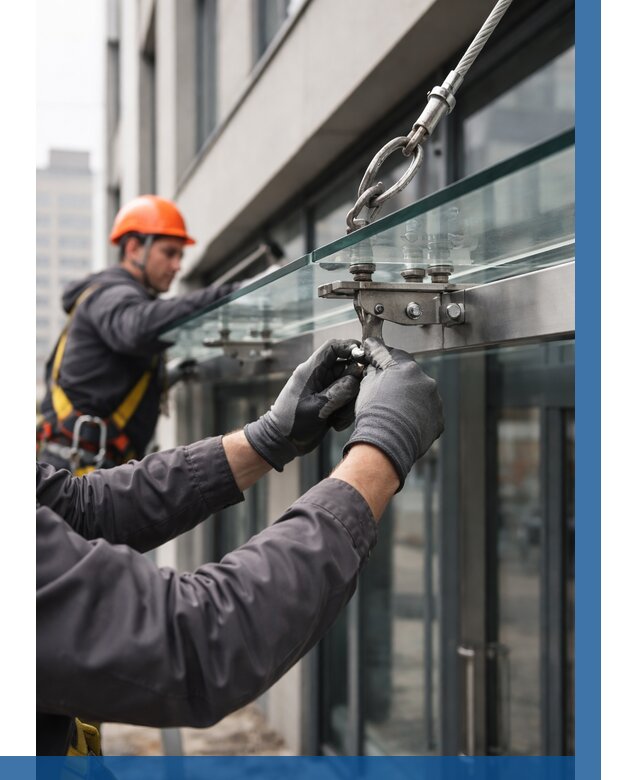 Монтаж стеклянных козырьков в Севастополе от 8773 р. | ВЫСОТНИК-Сев