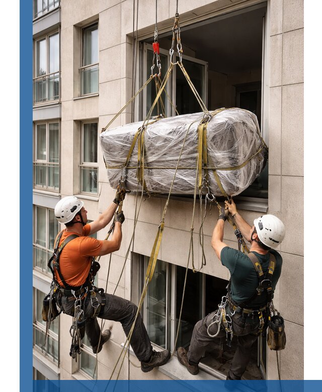 Подъем грузов через окно в Севастополе промышленными альпинистами