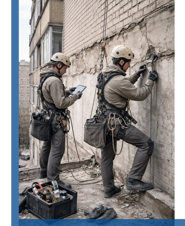 Обследование фасада промышленными альпинистами в Севастополе